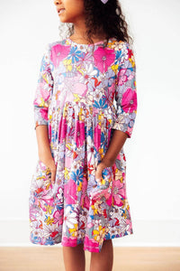 Mila & Rose mauve floral girls twirl dress with 3/4 sleeves and vibrant flower print