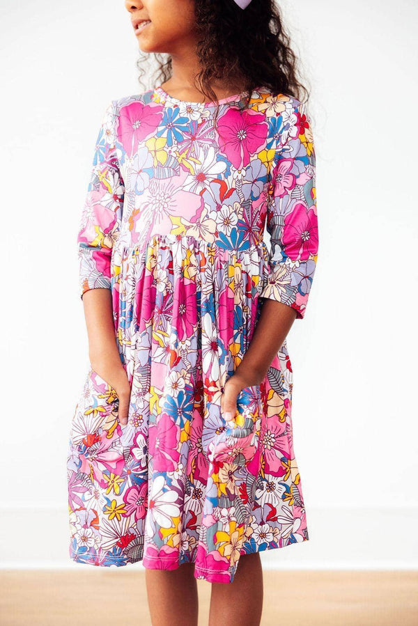 Mila & Rose mauve floral girls twirl dress with 3/4 sleeves and vibrant flower print