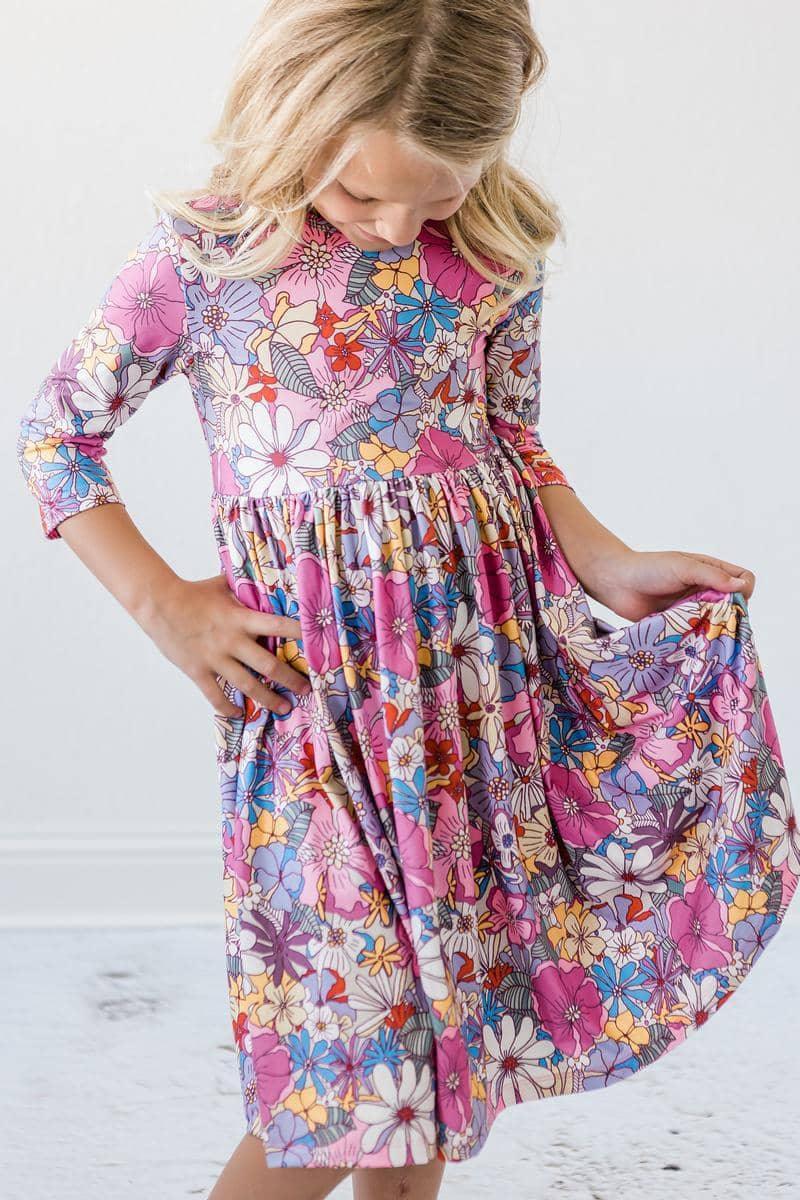 Mila & Rose mauve floral girls twirl dress 3/4 sleeve with pocket for young girls