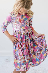 Mila & Rose mauve floral girls twirl dress 3/4 sleeve with pocket for young girls