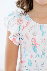 Girls white flutter sleeve mermaid leotard for girls with colorful sea creature print