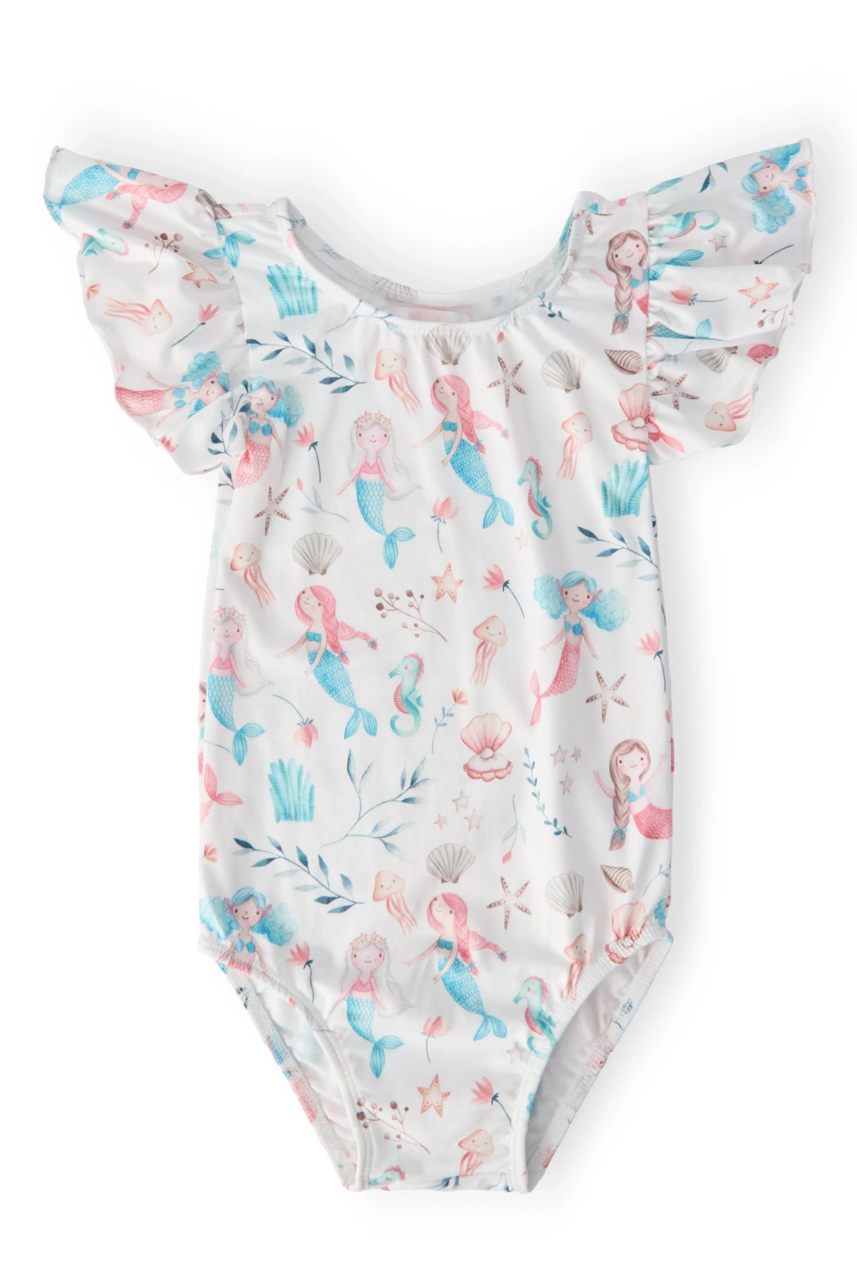 Girls white flutter sleeve mermaid leotard for girls with pastel sea-themed print
