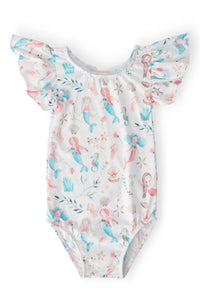 Girls white flutter sleeve mermaid leotard for girls with pastel sea-themed print