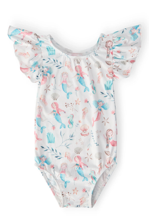 Girls white flutter sleeve mermaid leotard for girls with pastel sea-themed print
