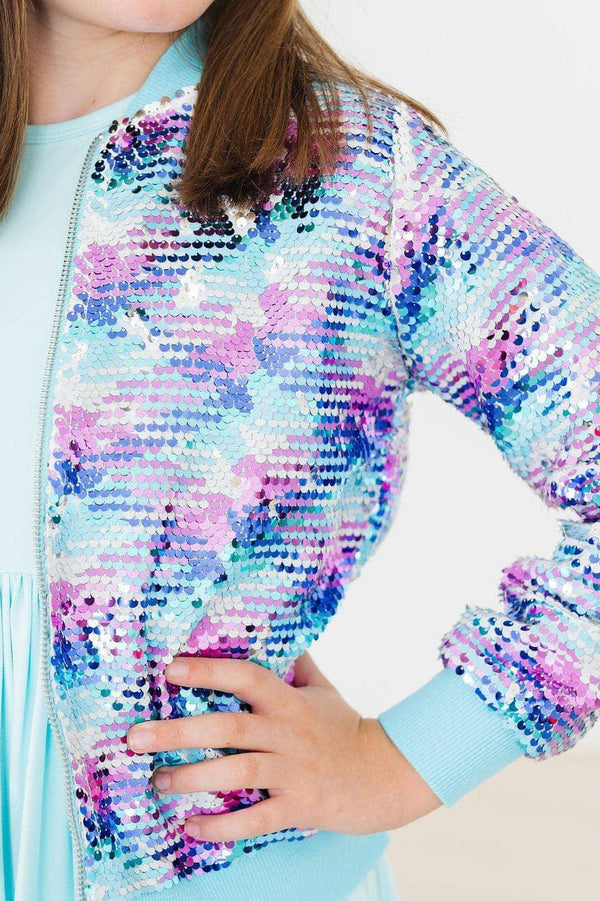 Girls mermaid sequin jacket for girls in pastel blue with pink and purple sequins, long sleeve with zipper