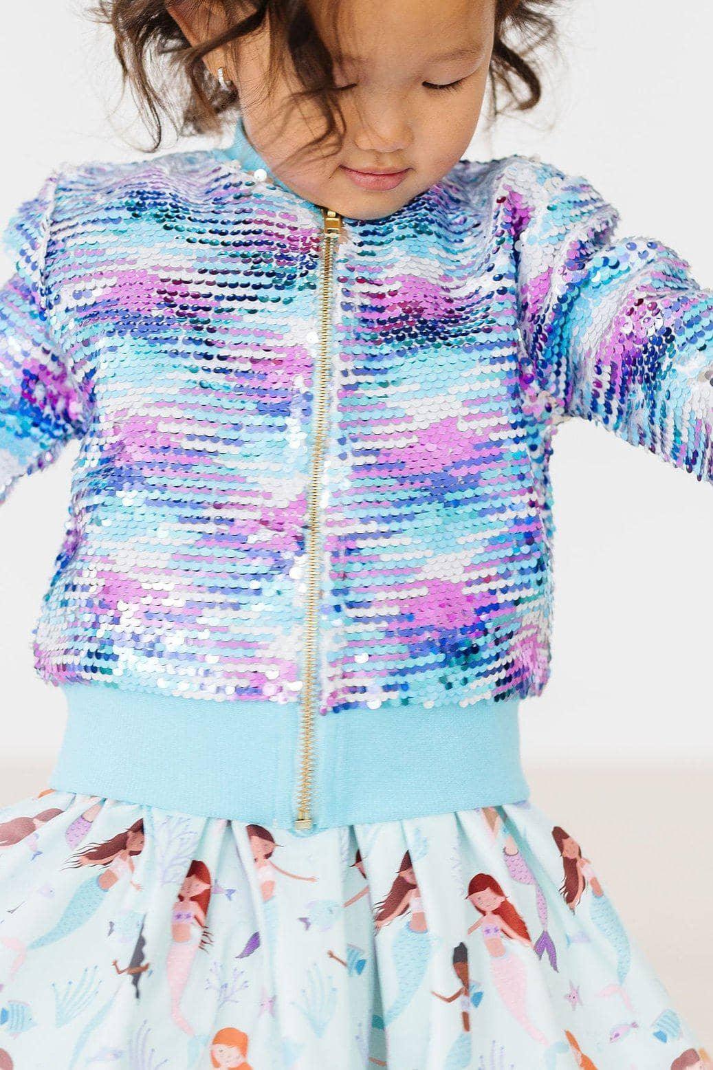 Girls mermaid sequin jacket for girls in pastel blue purple and pink with long sleeves and zipper
