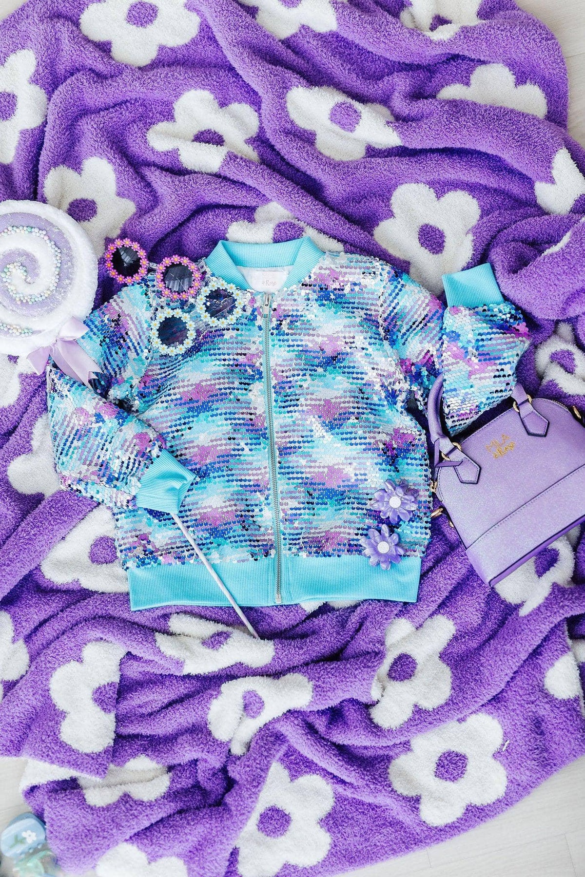 Girls turquoise and purple mermaid sequin jacket for girls with long sleeves and zipper