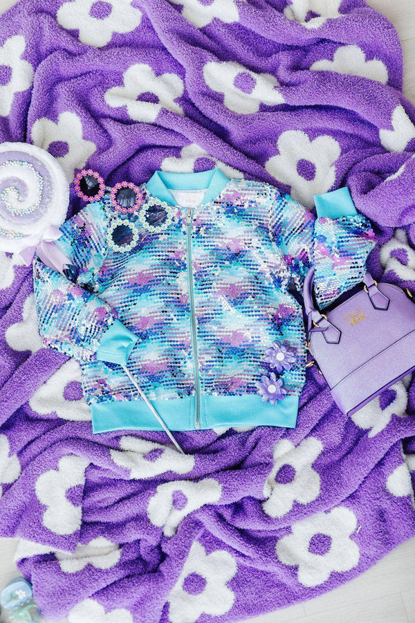 Girls turquoise and purple mermaid sequin jacket for girls with long sleeves and zipper