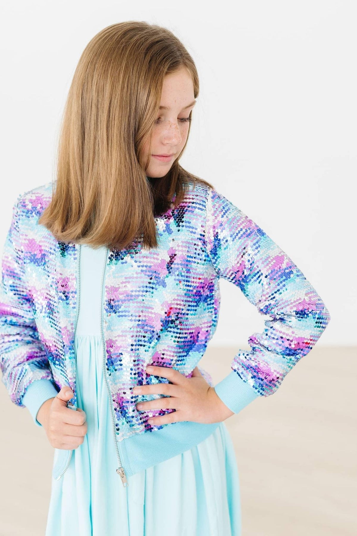 Girls light blue mermaid sequin jacket for girls with long sleeves and shimmering sequins
