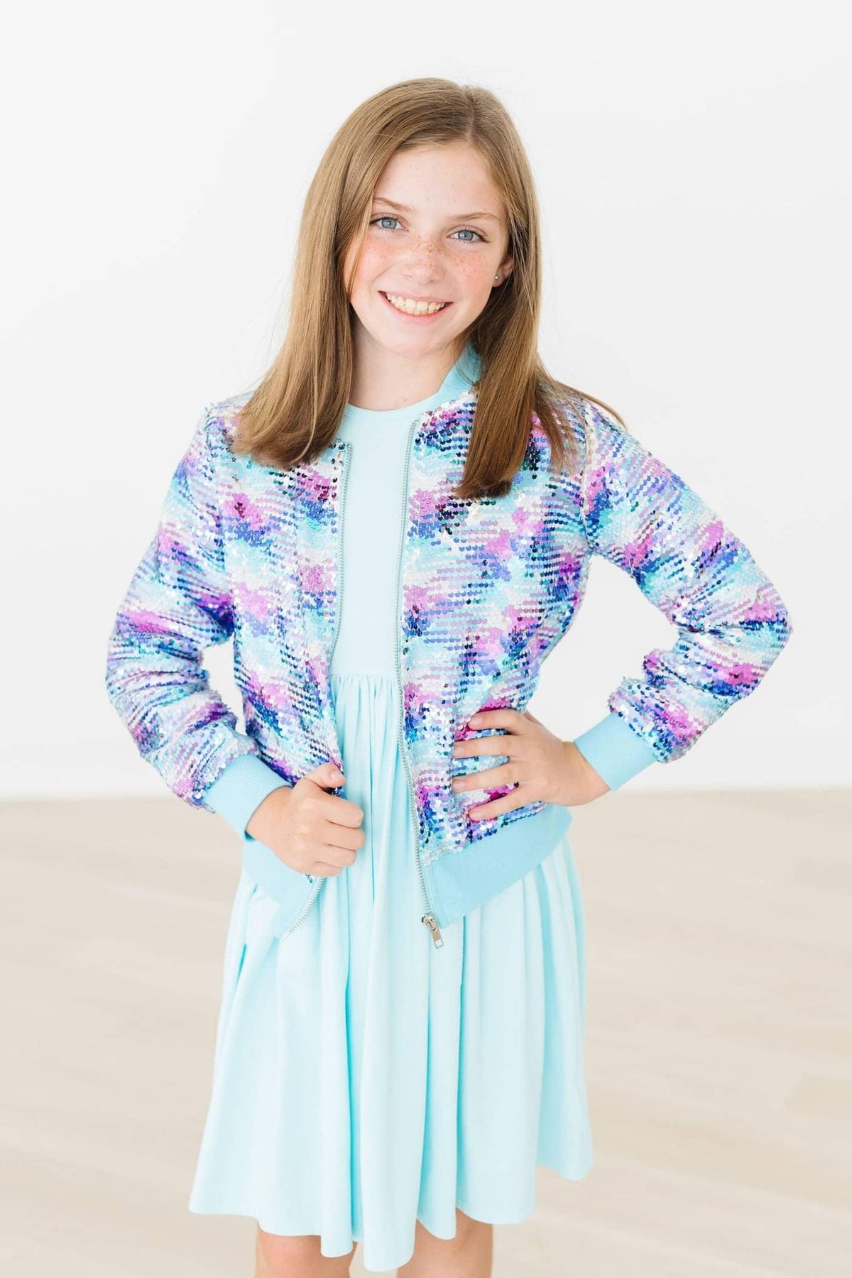 Girls long sleeve mermaid sequin jacket for girls in pastel rainbow colors by Mila & Rose