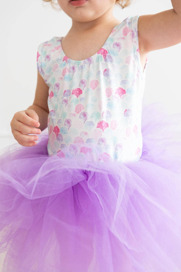 Mila & Rose girls mermaid tutu leotard for toddlers with pastel shell print top and purple tulle skirt