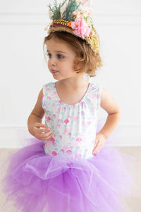 toddler girl wearing Mila & Rose mermaid tutu leotard for toddlers with white top and purple tutu skirt