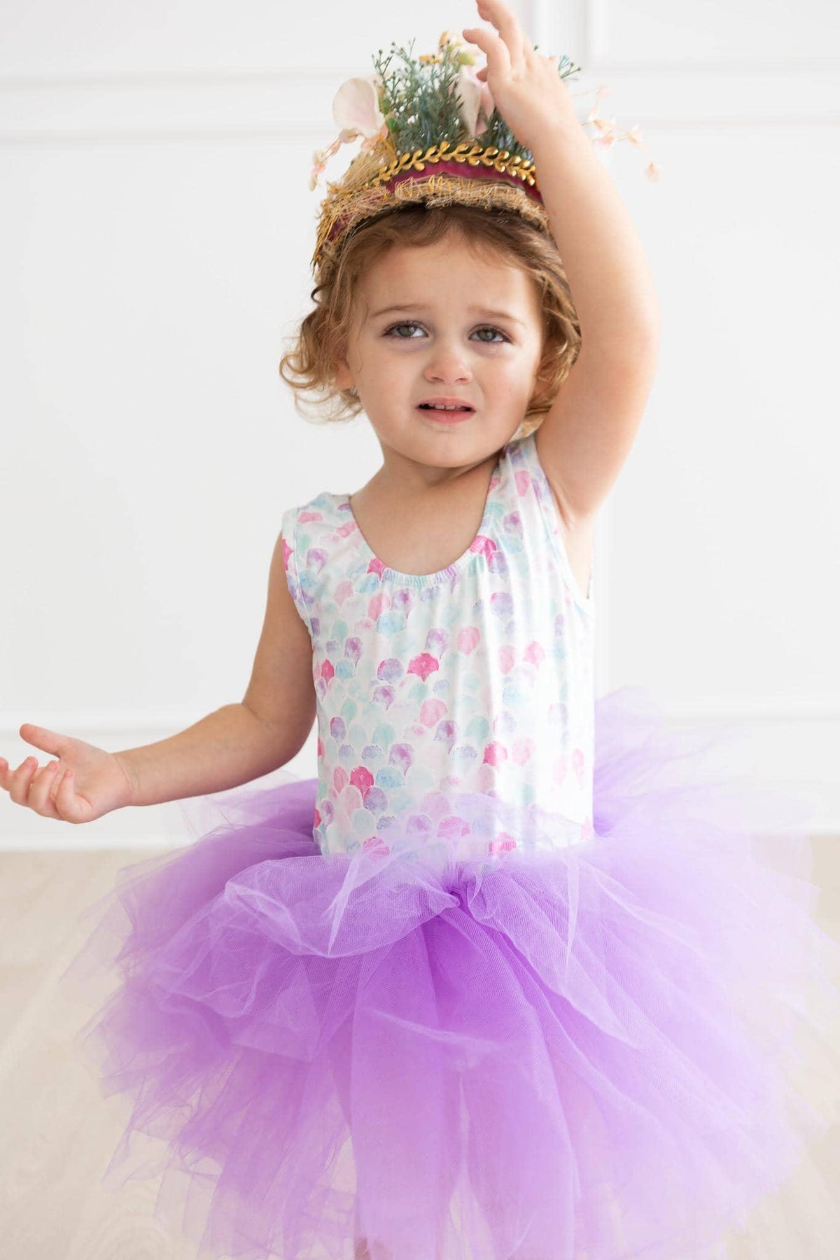 toddler girl wearing Mila & Rose mermaid tutu leotard for toddlers in pastel colors with purple tutu skirt