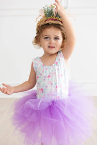 toddler girl wearing Mila & Rose mermaid tutu leotard for toddlers in pastel colors with purple tutu skirt