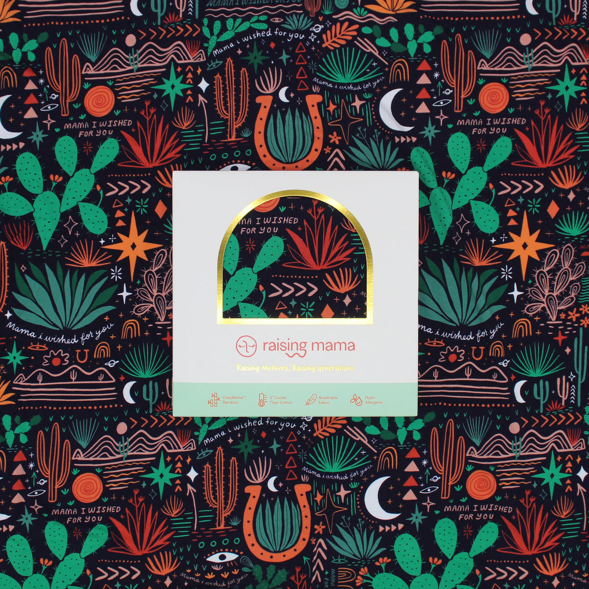 Forever Swaddle Blanket Desert Cactus Midnight in white box with a gold-edged window; oversized 48x48 bamboo blend.