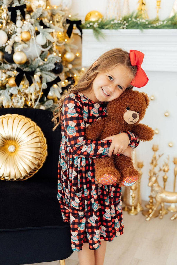 Christmas Bears Long Sleeve Pocket Twirl Dress for Girls – Soft, Stretchy, Fun - The Palm Beach Baby