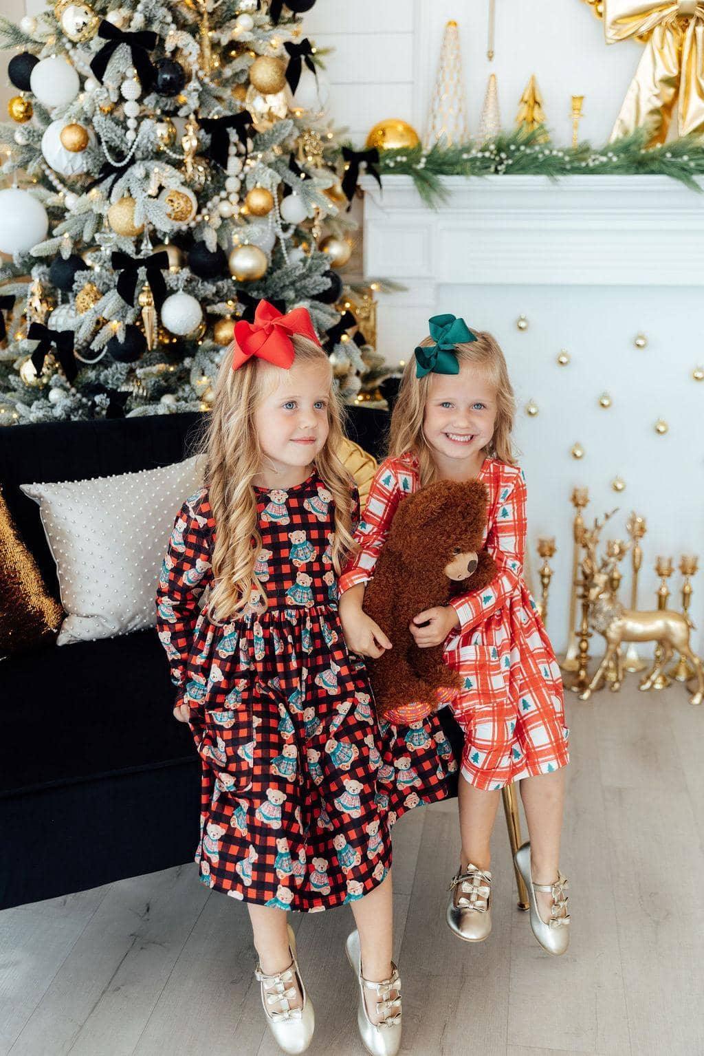 Christmas Bears Long Sleeve Pocket Twirl Dress for Girls – Soft, Stretchy, Fun - The Palm Beach Baby