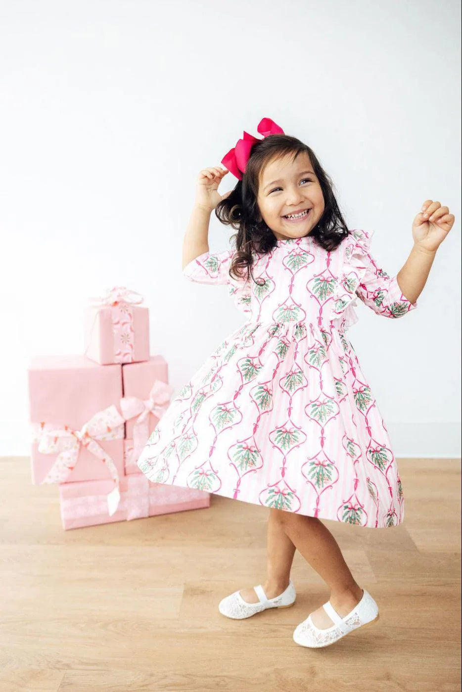 Merry Mistletoe 3/4 Sleeve Ruffle Twirl Dress for Girls - The Palm Beach Baby