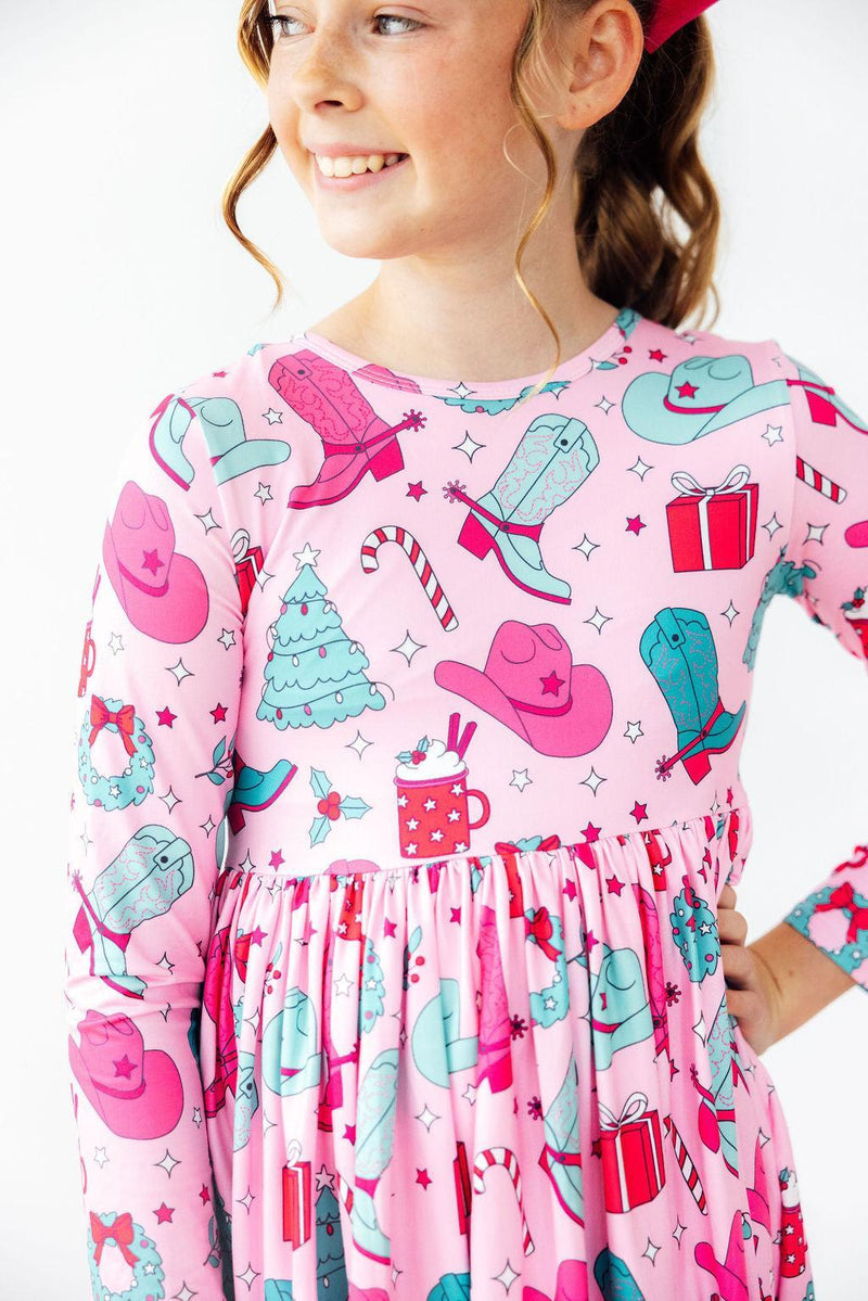 Christmas Cowgirl Long Sleeve Pocket Twirl Dress - Festive Pink