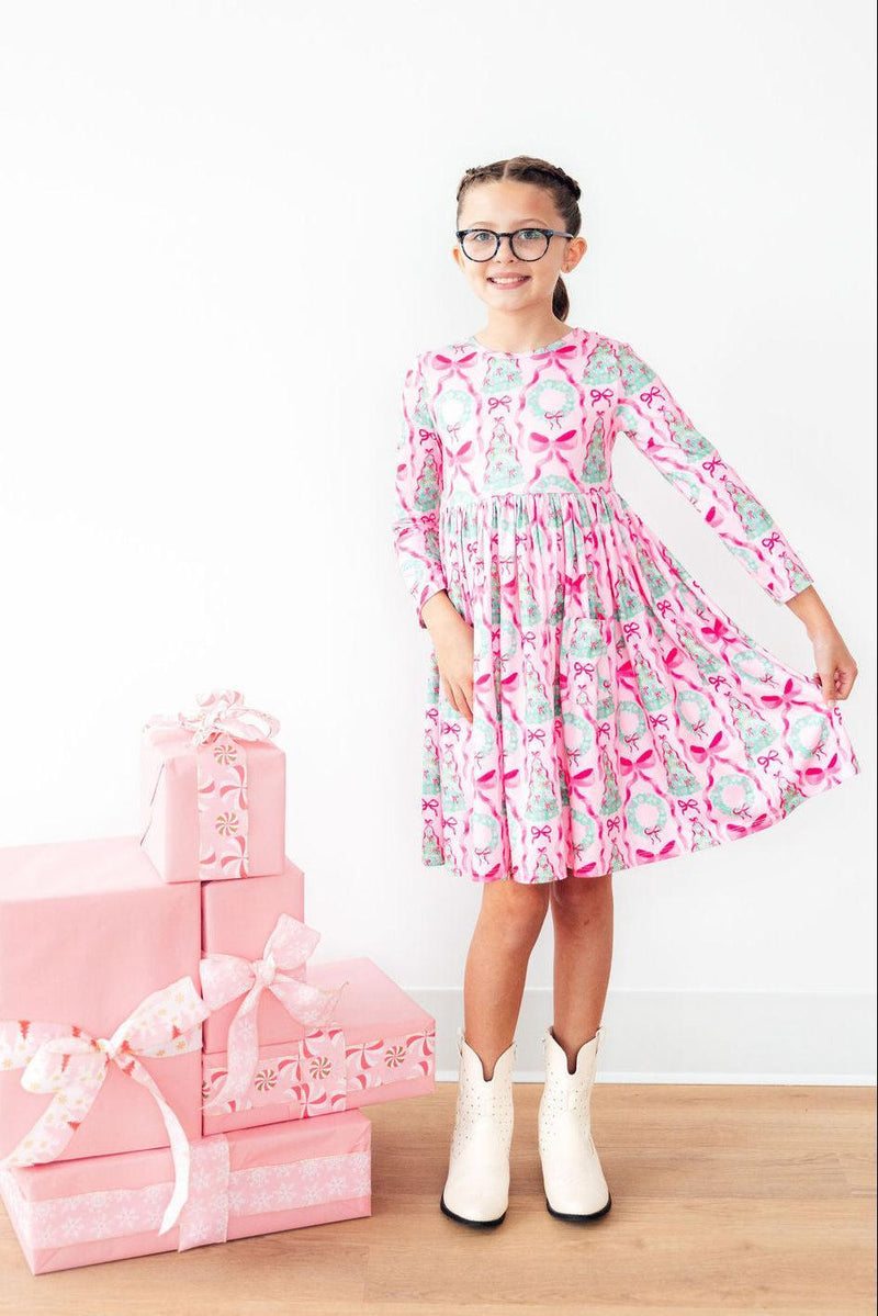 Jingle Bows L/S Pocket Twirl Dress - Festive Pink