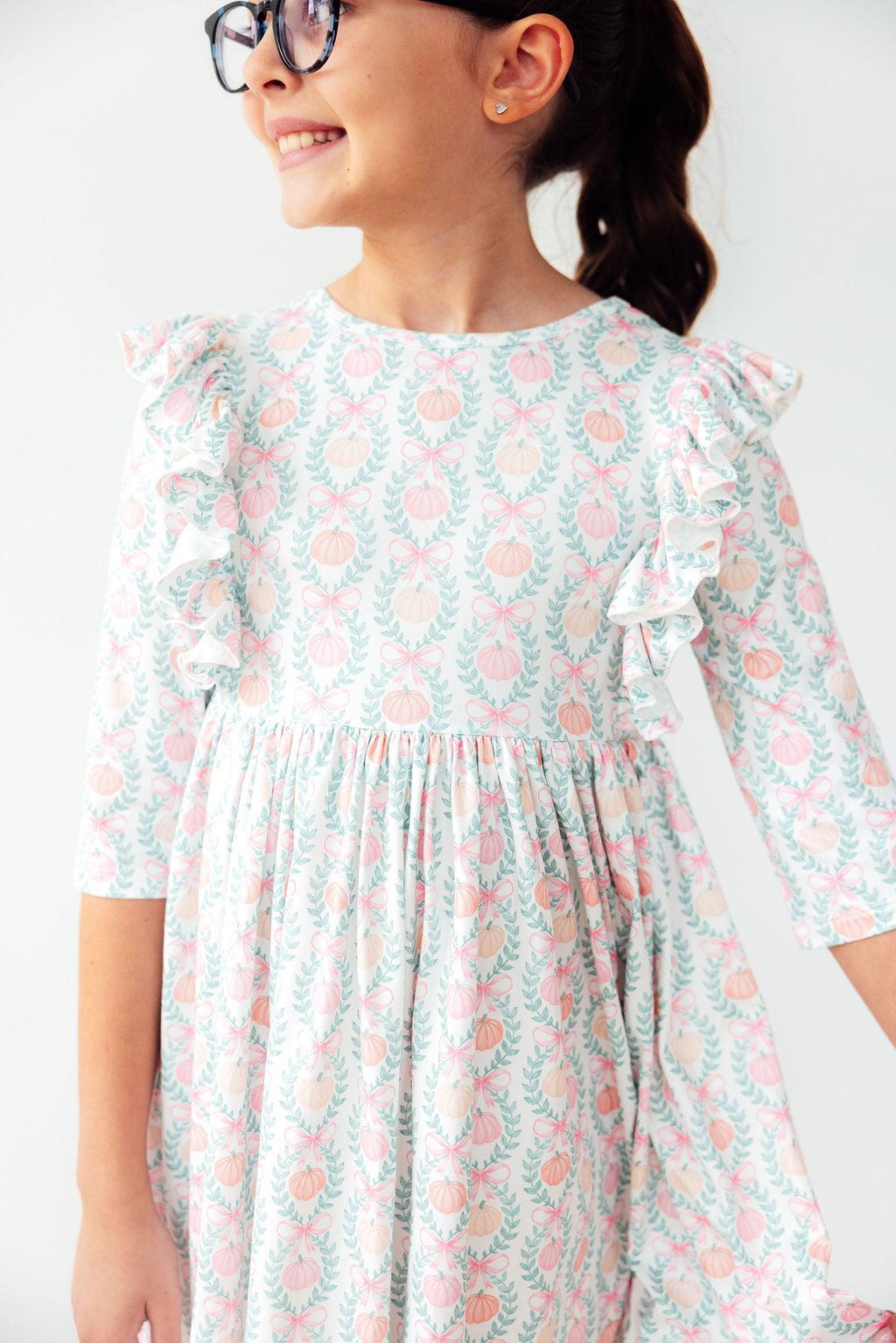 Adorable Pumpkin Kisses, Harvest Wishes 3/4 Sleeve Ruffle Twirl Dress perfect for fall adventures and twirling fun!