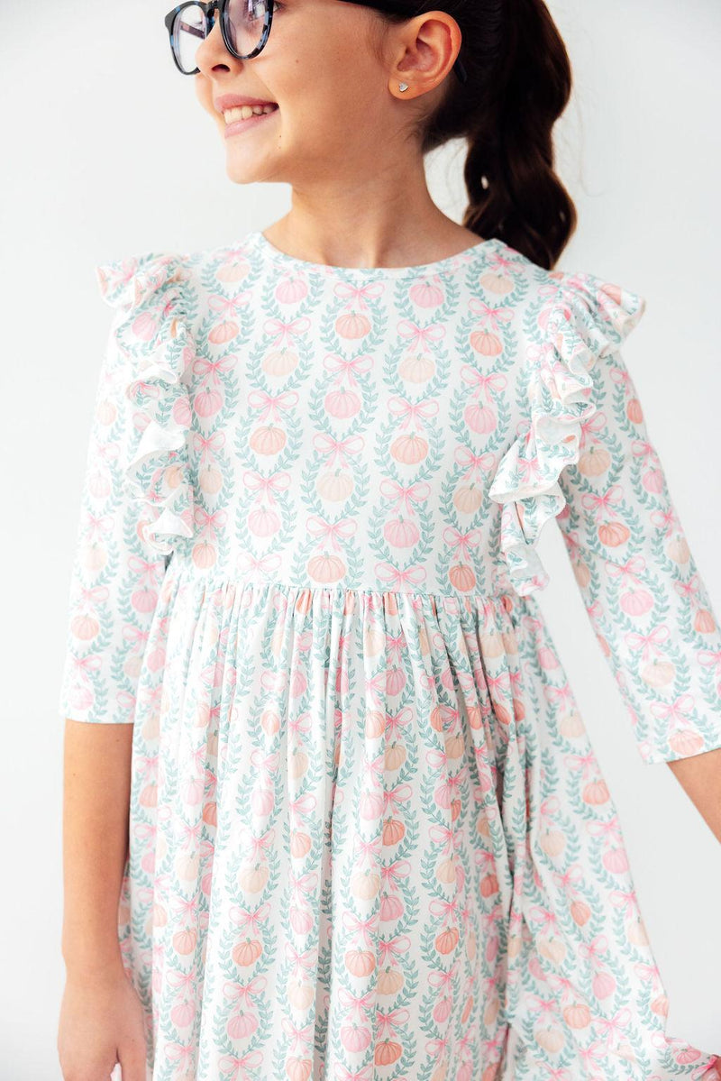 Adorable Pumpkin Kisses, Harvest Wishes 3/4 Sleeve Ruffle Twirl Dress perfect for fall adventures and twirling fun!