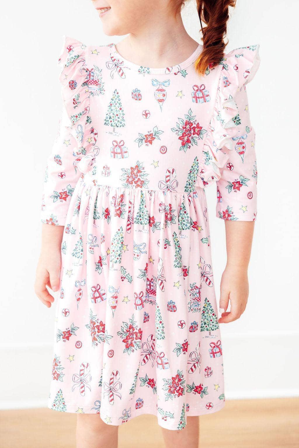 Pink Christmas 3/4 Sleeve Ruffle Twirl Dress - Cozy, Cute & Perfect for Holiday Celebrations - The Palm Beach Baby