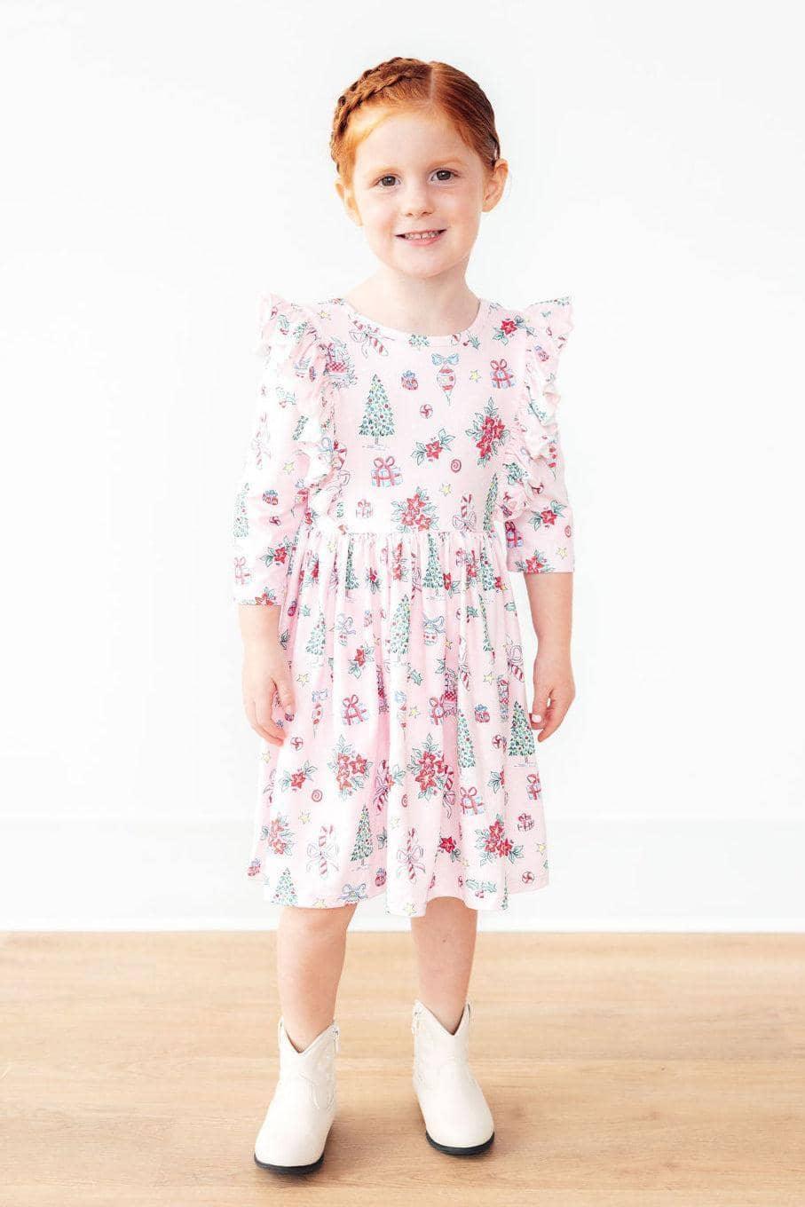 Pink Christmas 3/4 Sleeve Ruffle Twirl Dress - Cozy, Cute & Perfect for Holiday Celebrations - The Palm Beach Baby