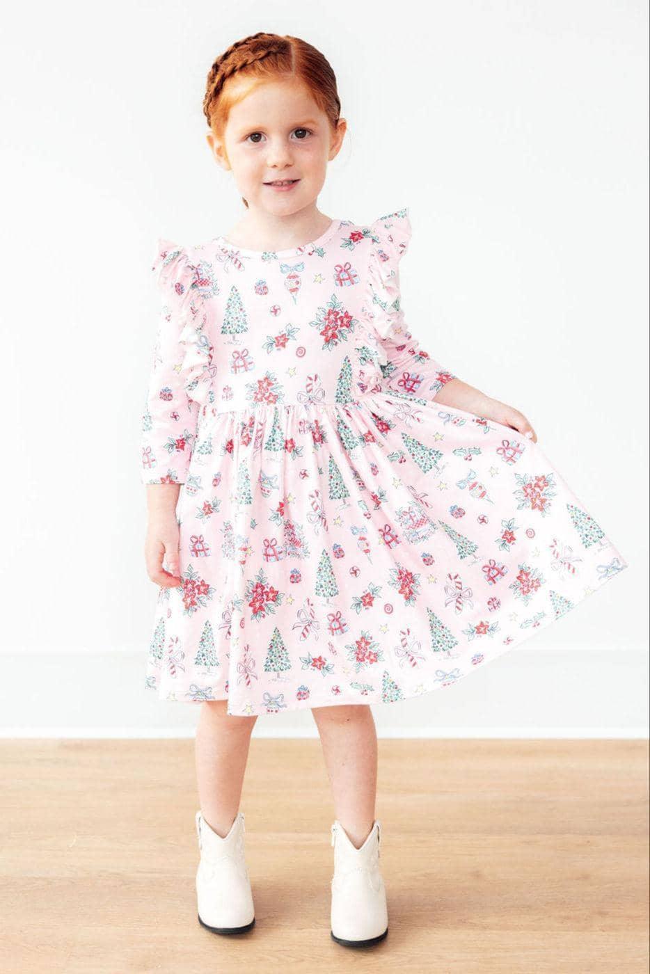 Pink Christmas 3/4 Sleeve Ruffle Twirl Dress - Cozy, Cute & Perfect for Holiday Celebrations - The Palm Beach Baby