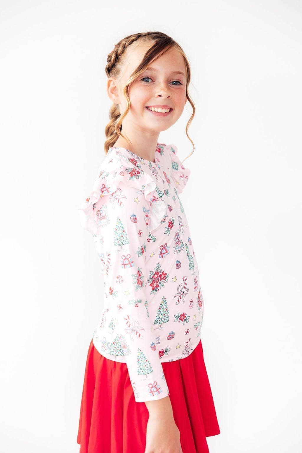 Pink Christmas Long Sleeve Ruffle Tee for Girls - Cozy, Stylish & Easy Care Festive Top - The Palm Beach Baby