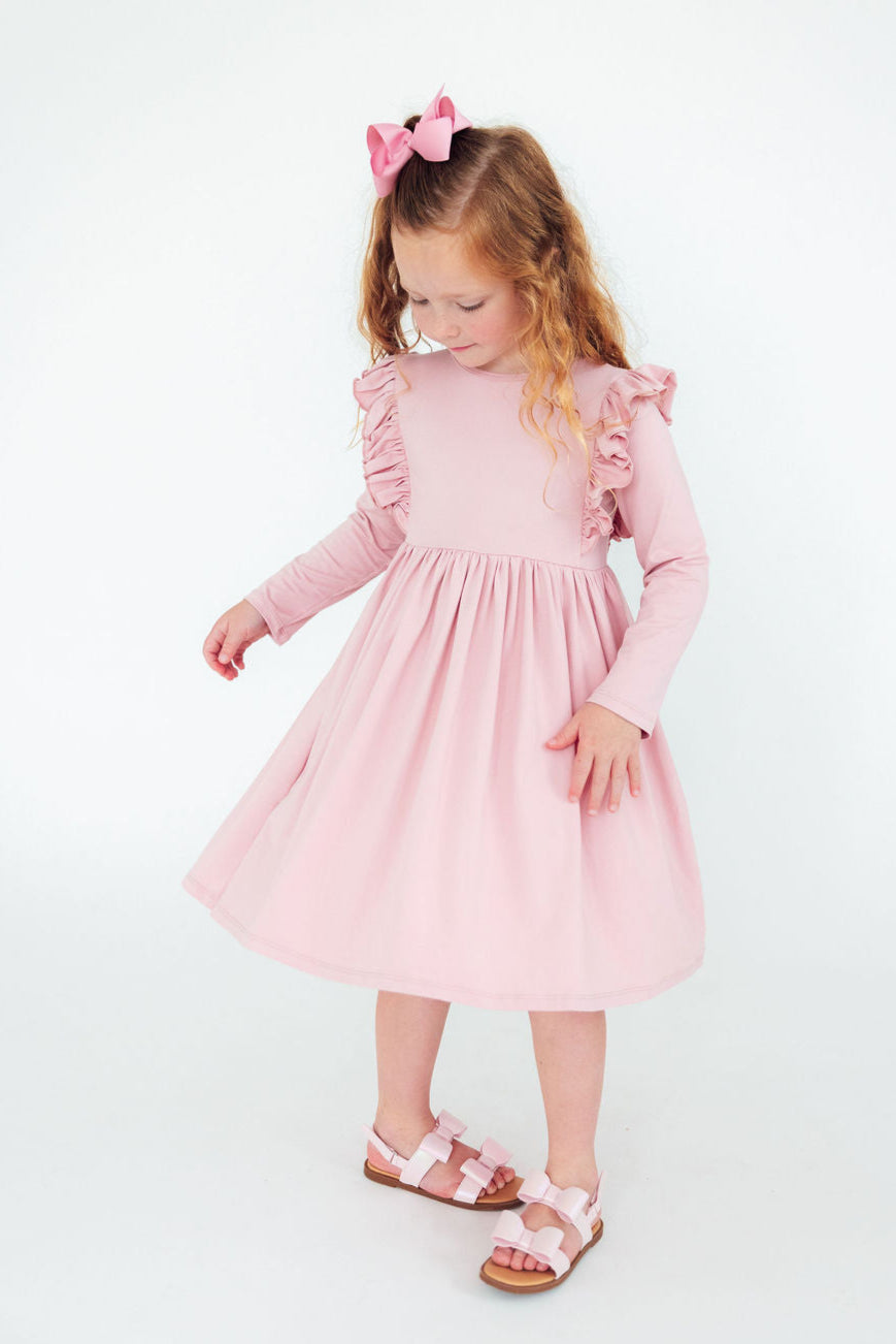 Vintage Pink L/S Ruffle Twirl Dress for Girls featuring a scoop back and ballet neckline, perfect for school and special occasions.