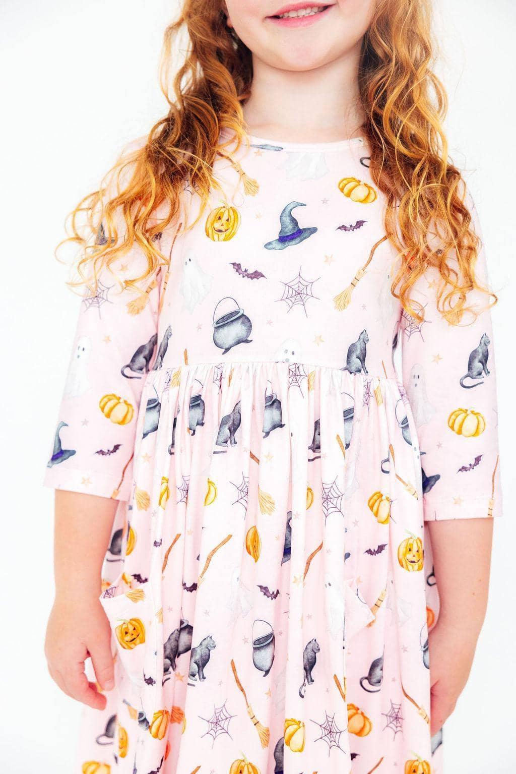 Hey Boo 3/4 Sleeve Pocket Twirl Dress for Girls - Soft, Stretchy, Machine Washable, Fun Design - The Palm Beach Baby