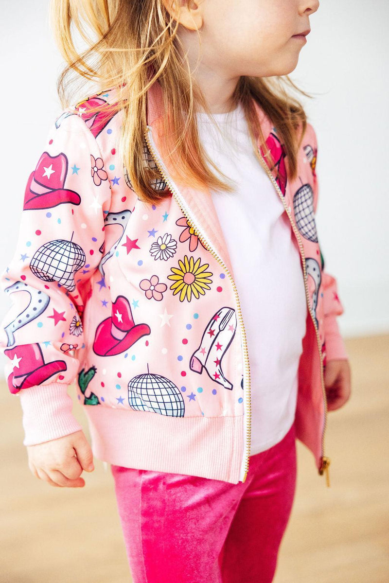 Close-up of the Boots & Bling Satin Jacket for Girls showcasing its soft satin texture and stylish design.