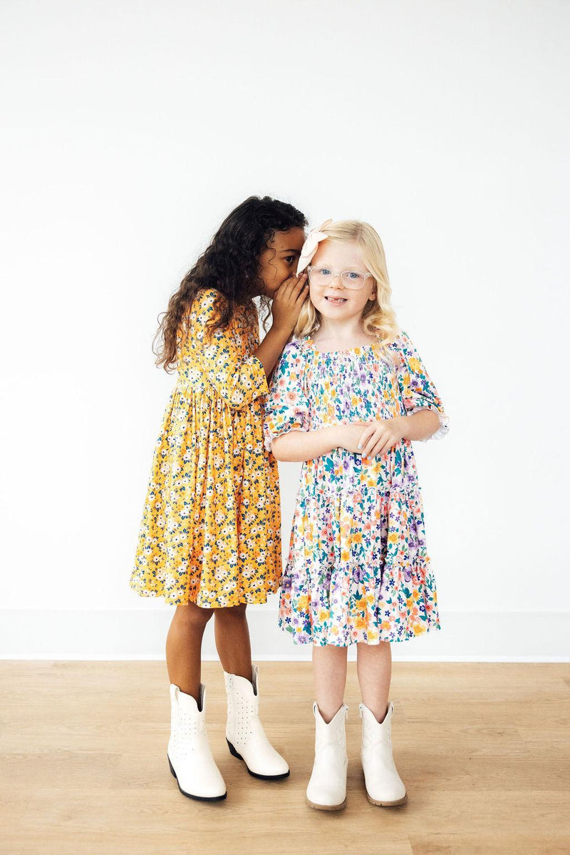 Cozy and colorful Fall Floral 3/4 Sleeve Pocket Twirl Dress for girls, made with soft polyester and spandex for ultimate comfort during playtime.