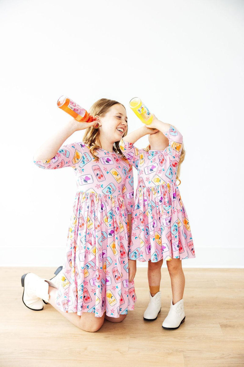 Girly Pop 3/4 Sleeve Pocket Twirl Dress - Palm Beach Pink