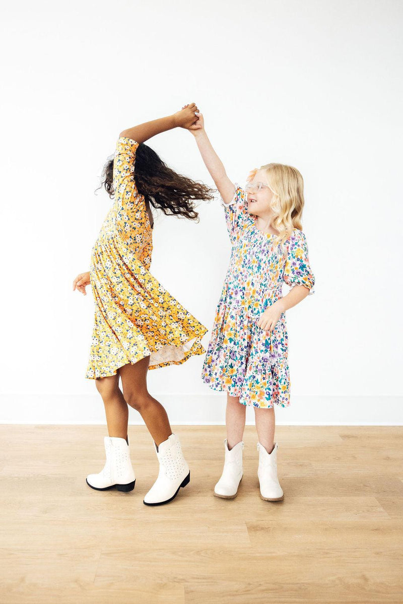 Charming Fall Floral 3/4 Sleeve Pocket Twirl Dress from Mila & Rose, perfect for every little twirler's autumn adventures!