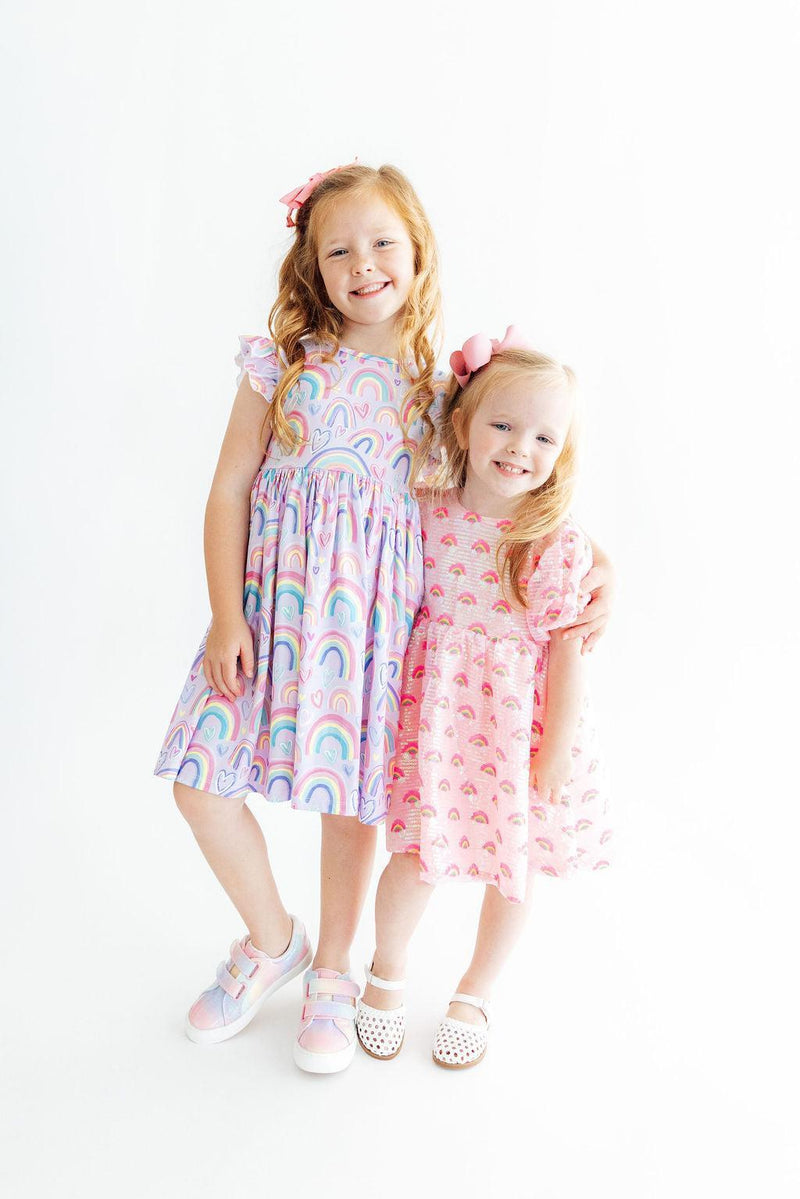 Pink Rainbow Puff Sleeve Sequin Dress - The Palm Beach Baby
