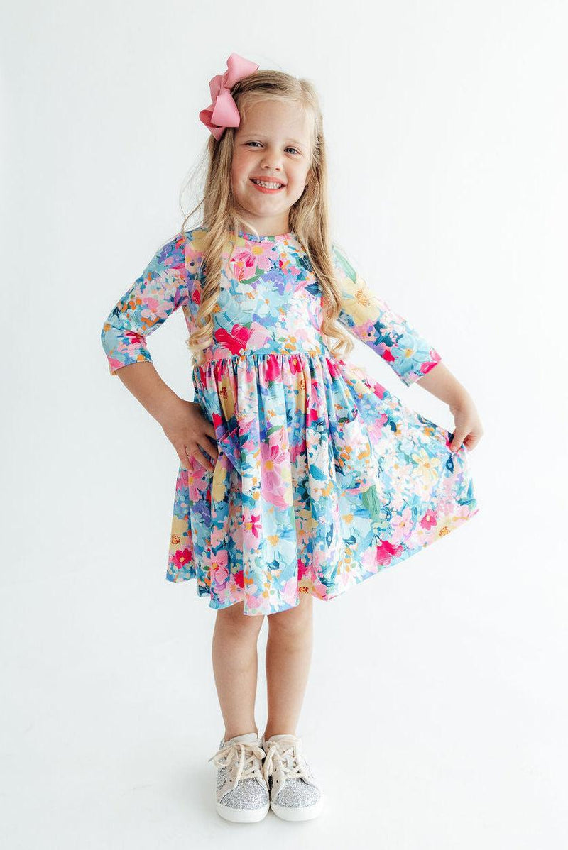 Flower Market 3/4 Sleeve Pocket Twirl Dress - The Palm Beach Baby