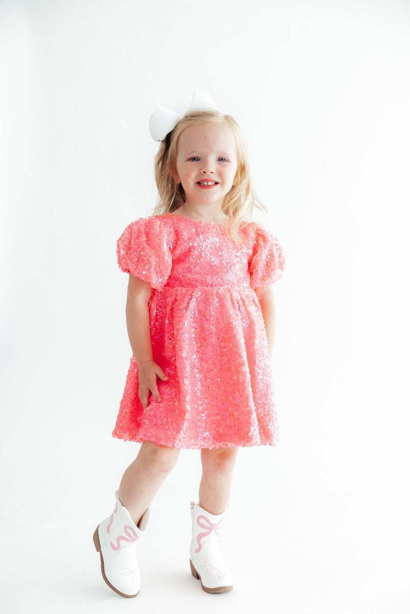Neon Pink Puff Sleeve Sequin Dress - The Palm Beach Baby