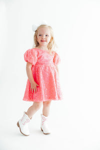 Neon Pink Puff Sleeve Sequin Dress - The Palm Beach Baby