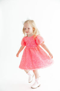 Neon Pink Puff Sleeve Sequin Dress - The Palm Beach Baby