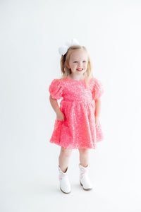 Neon Pink Puff Sleeve Sequin Dress - The Palm Beach Baby