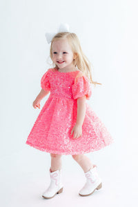 Neon Pink Puff Sleeve Sequin Dress - The Palm Beach Baby