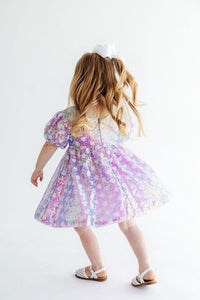 Periwinkle Heart Puff Sleeve Sequin Dress - The Palm Beach Baby