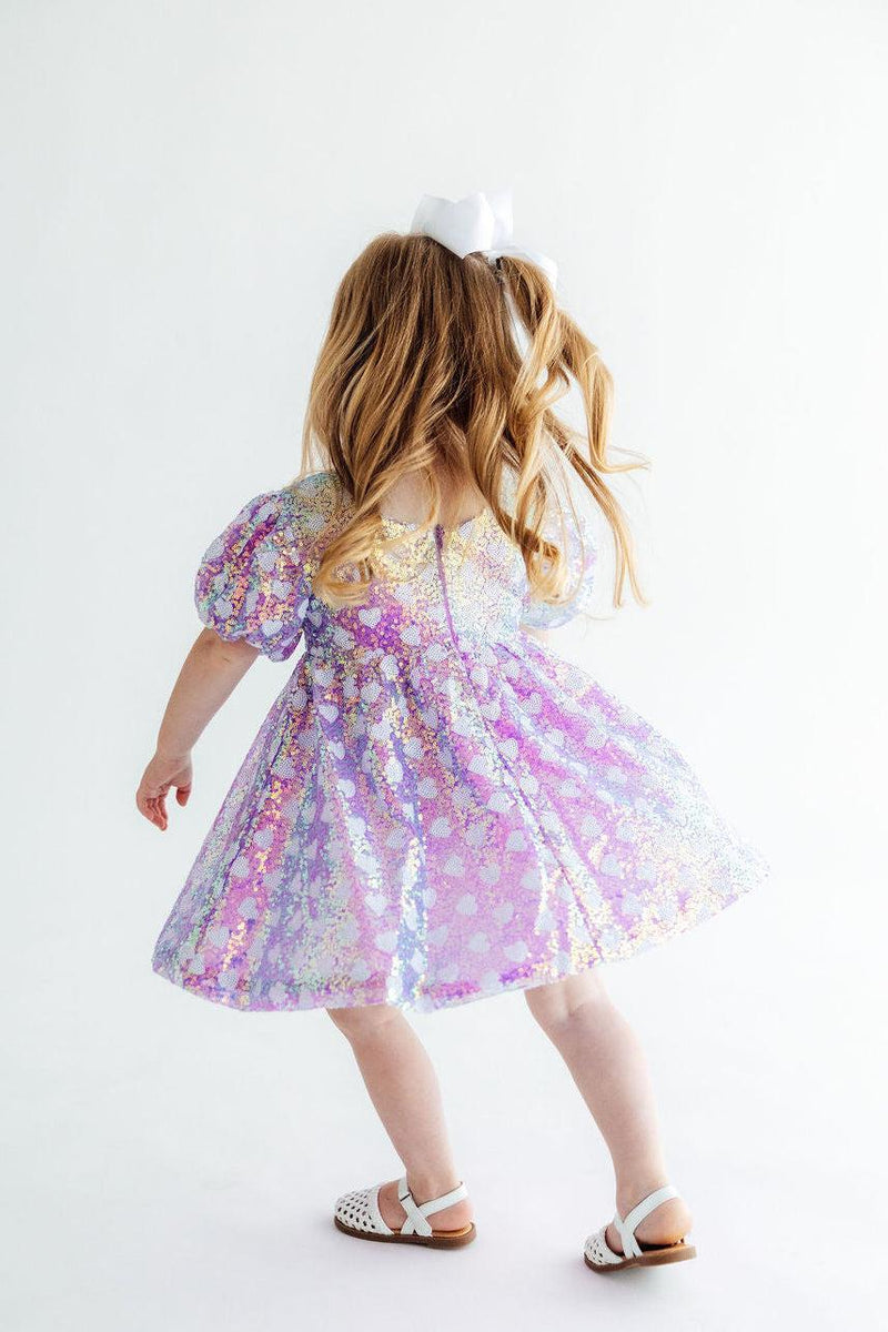 Periwinkle Heart Puff Sleeve Sequin Dress - The Palm Beach Baby