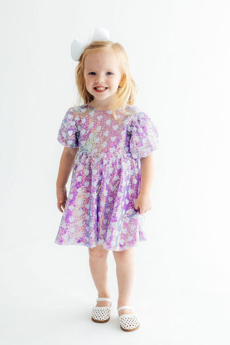 Periwinkle Heart Puff Sleeve Sequin Dress - The Palm Beach Baby