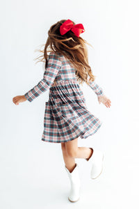 Christmas Plaid Long Sleeve Pocket Twirl Dress - The Palm Beach Baby