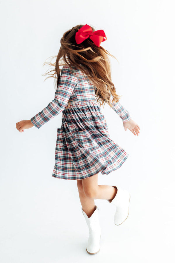 Christmas Plaid Long Sleeve Pocket Twirl Dress