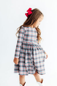 Christmas Plaid Long Sleeve Pocket Twirl Dress - The Palm Beach Baby