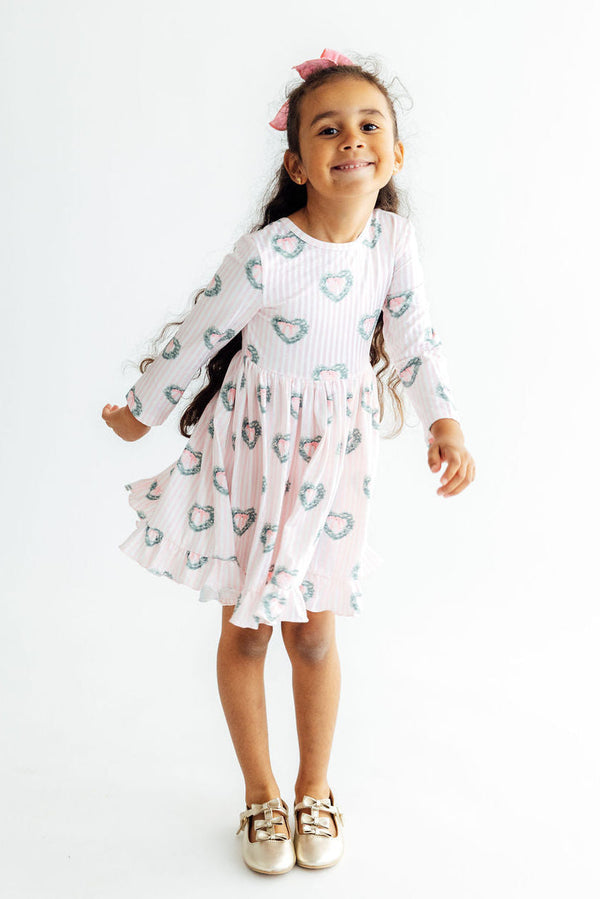 Christmas Charm Long Sleeve Ruffle Hem Twirl Dress